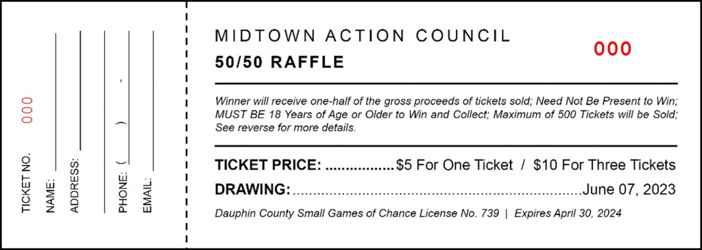 Digital image of the Front Side of a Sample 50/50 Raffle Ticket